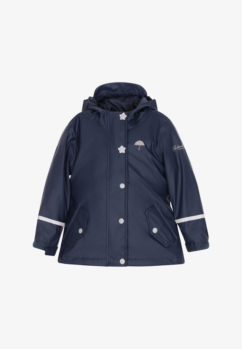 Tamsiai mėlyna vandeniui atspari striukė su gobtuvu, su baltais žvaigždės formos mygtukais, atspindinčiomis juostomis ir skėčio logotipu ant krūtinės.