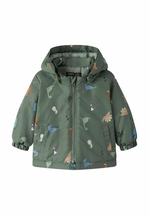 Veste à capuche verte pour tout-petit avec fermeture éclair et imprimés colorés de dinosaures et de plantes partout.