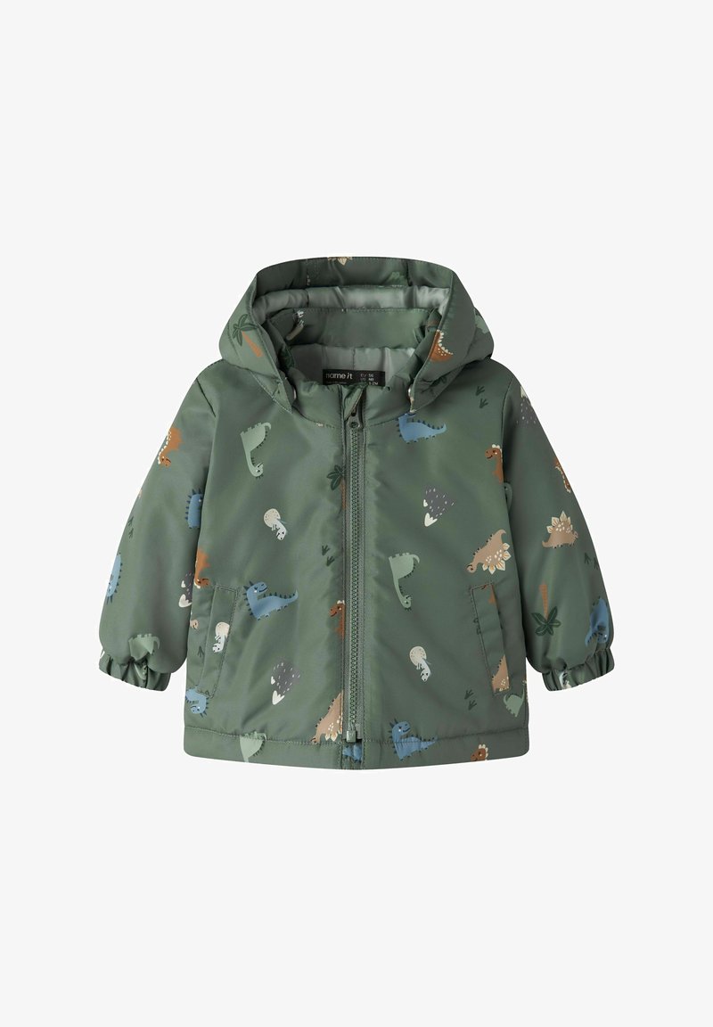 Veste à capuche verte pour tout-petit avec fermeture éclair et imprimés colorés de dinosaures et de plantes partout.