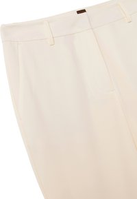 Beige maßgeschneiderte Hosen mit glatter Textur, vorderen Falten, zwei Seitentaschen und geradem Bein-Design. Zarte Nähedetails.