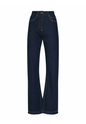 Jeans in denim blu scuro a vita alta con gambe larghe e dritte, bottoni e cerniera anteriori, cuciture visibili e tasche frontali e posteriori.
