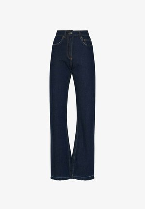 Jeans in denim blu scuro a vita alta con gambe larghe e dritte, bottoni e cerniera anteriori, cuciture visibili e tasche frontali e posteriori.