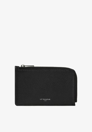 Black leather wallet with a textured finish, zip closure, and a subtle embossed logo. Compact design, rectangular shape.