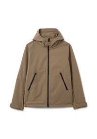 Giacca con cappuccio marrone, dotata di una cerniera frontale completa, con due tasche con zip e un tessuto liscio e resistente all'acqua.