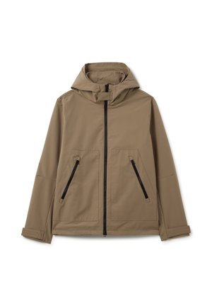 Brown hooded jacket with a full front zipper, featuring two zippered pockets and a smooth, water-resistant fabric.