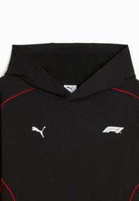 Sort hættetrøje med røde detaljer. Har et hvidt Puma-logo og Formel 1-logo på brystet. Blødt materiale, sporty design.