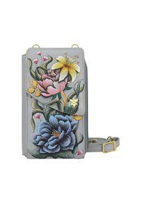 Grijze leren crossbody tas met levendige bloemenprints in roze, geel en blauw. Versierd met gouden hardware en een verstelbare schouderband.