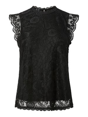 Μαύρη αμάνικη μπλούζα από δαντέλα με λουλουδάτα σχέδια, κυματιστά τελειώματα και μικρό κουμπί στο πίσω μέρος του λαιμού.
