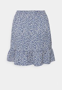Blue floral skirt with white flowers, elastic waistband, and a ruffled hem. Made from lightweight fabric with a smooth texture.