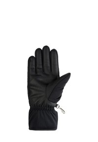 Schwarzer Lederhandschuh mit fünf Fingern, gepolsterten Bereichen und elastischem Bündchen. Enthält einen Reißverschluss am Handgelenk für eine anpassbare Passform.