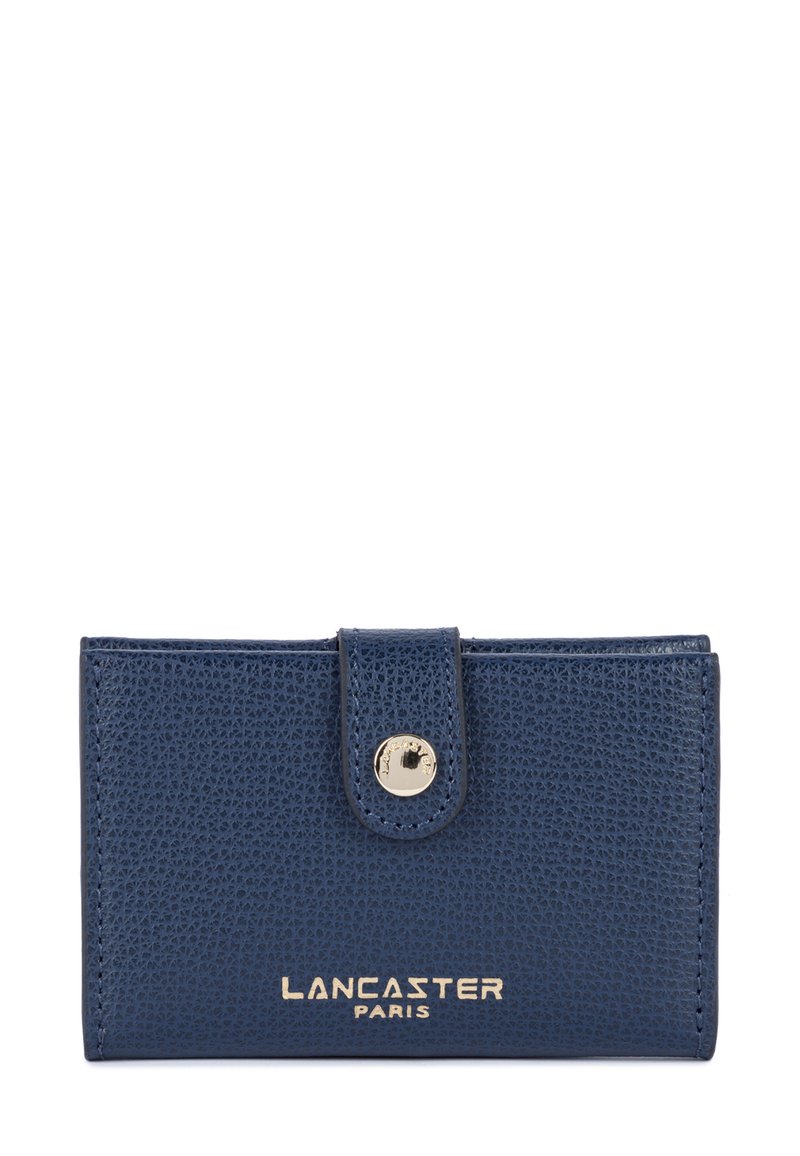 Navy blue leather wallet with a textured finish, featuring a snap closure and gold-tone logo "LANCASTER PARIS" on the front.