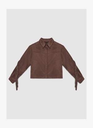 Brown cropped jacket made of suede-like material with a pointed collar, front button closure, and fringed detailing on the sleeves.