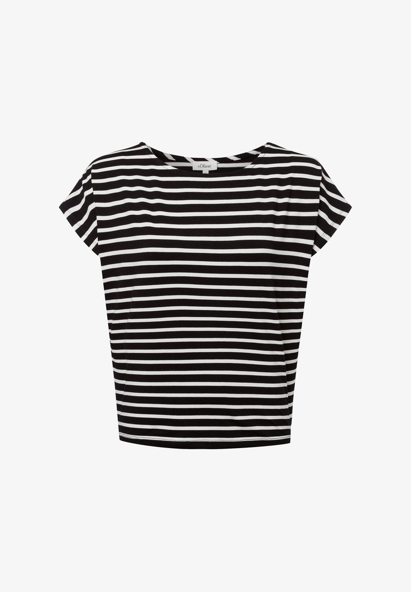 Černobílý pruhovaný krátký rukáv top s kulatým výstřihem a volným střihem. Vyrobeno z měkké látky s rovnoměrnými horizontálními pruhy.