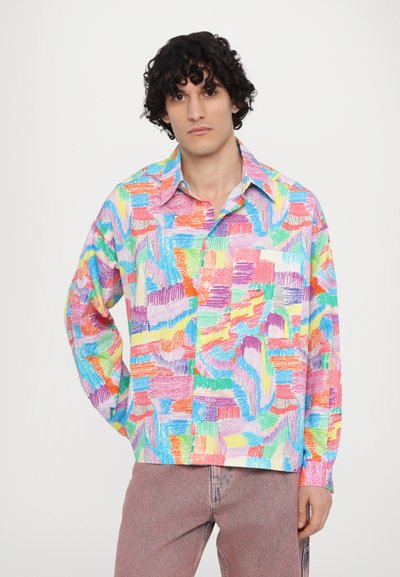 Colorful long-sleeve shirt featuring a patchwork of vibrant geometric patterns in pastel shades. The fabric appears lightweight with a classic collar.