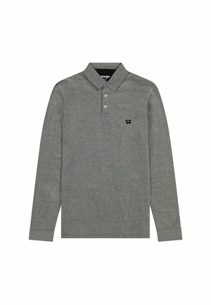 Koszula polo z długim rękawem w kolorze szarym melange, z kołnierzykiem, trzema guzikami i małym czarnym logo na piersi.