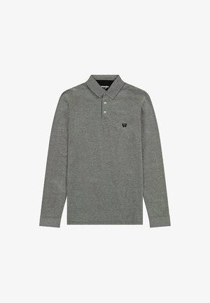 Koszula polo z długim rękawem w kolorze szarym melange, z kołnierzykiem, trzema guzikami i małym czarnym logo na piersi.