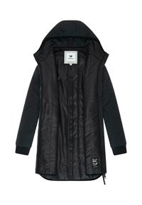 Svart quiltad jacka med huva, med hel dragkedja fram, ribbade ärmslut och en slät innerfoder. Märkeslabel inuti.