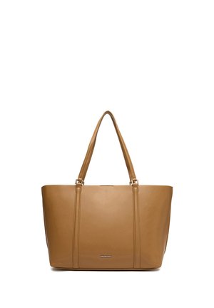 Borsa tote in pelle liscia color tan con doppi manici a spalla e piccolo logo "Gino Rossi" argento al centro frontale.