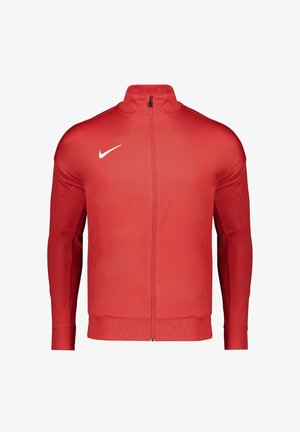 Red athletic jacket featuring a high collar, full zip, and long sleeves. Made from smooth, lightweight material with a white Nike logo.