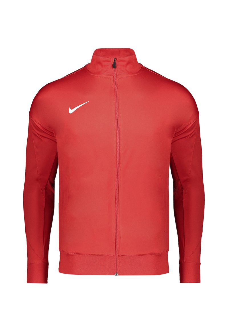 Red athletic jacket featuring a high collar, full zip, and long sleeves. Made from smooth, lightweight material with a white Nike logo.