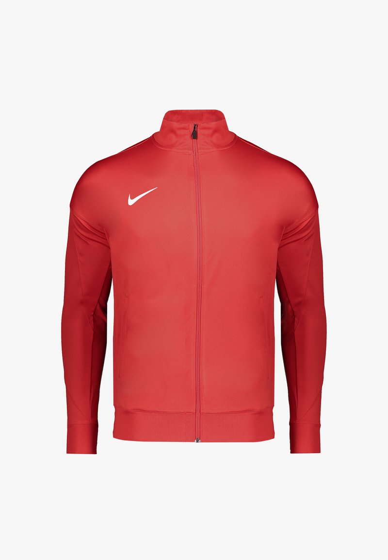 Rote Sportjacke mit hohem Kragen, durchgehendem Reißverschluss und langen Ärmeln. Hergestellt aus glattem, leichtem Material mit einem weißen Nike-Logo.