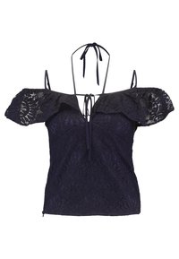 Top azul marino sin mangas de encaje con un patrón floral, tirantes ajustables y un cuerpo entallado con mangas acampanadas.