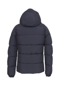 Giubbotto invernale navy con cappuccio, caratterizzato da un design trapuntato, polsini elasticizzati e una texture liscia e lucida. Vista posteriore mostrata.