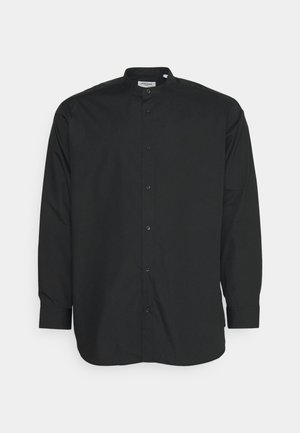Black long-sleeve shirt featuring a high collar, front button closure, and a smooth fabric texture. Simple design with no additional patterns.