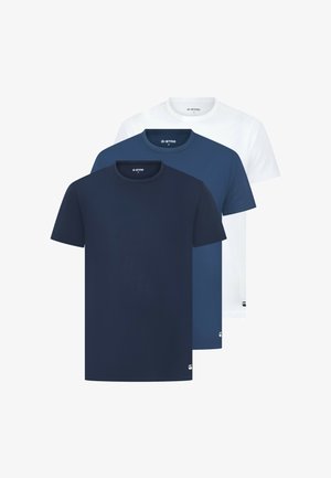 Three short-sleeve t-shirts in navy, dark blue, and white, featuring round necklines and a smooth fabric texture. G-Star logo at the hem.