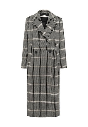 Dvojradový kabát v čierno-bielej houndstooth vzore, s klopovým golierom, dlhými rukávmi a bočnými vreckami.