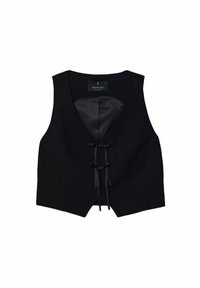 Black vest with a V-neckline, bow tie closure at the front, and smooth interior lining. No sleeves and a tailored design.