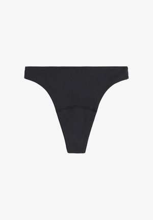 Zwarte katoenen stringonderbroek met een naadloos ontwerp, dunne zijkanten en een zachte textuur. Geen zichtbare patronen of accenten.