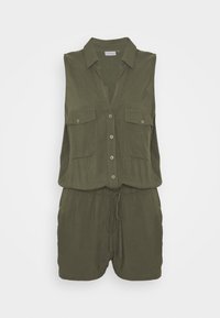 Olivegrüner ärmelloser Einteiler mit Kragen, Knopfleiste, zwei Brusttaschen und elastischem Taillenbund mit Kordelzug.