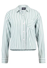 Camicia corta con bottoni a righe verticali verde chiaro e bianco. Presenta un colletto, maniche lunghe e una tasca sul petto a sinistra.