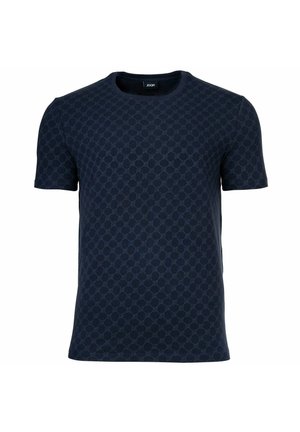 Men's navy blue short-sleeve T-shirt with subtle repeating circular pattern and crew neckline.