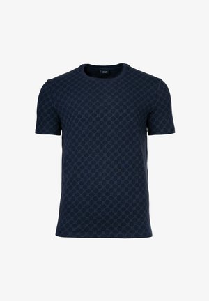 Herren T-Shirt in Marineblau mit kurzen Ärmeln, subtilen, sich wiederholenden kreisförmigen Mustern und Rundhalsausschnitt.
