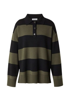 Gebreide poloshirt met horizontale zwarte en olijfgroene strepen, drie knopen bij de hals en geribde boord en manchetten.
