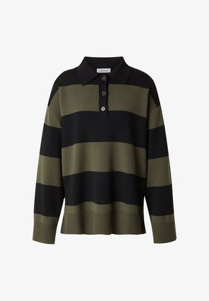 Strick-Polo-Pullover mit horizontalen schwarzen und olivgrünen Streifen, dreiknöpfiger Knopfleiste sowie geripptem Saum und Bündchen.