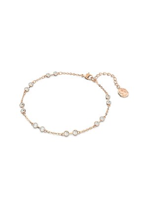 Delicate roségouden armband met gelijkmatig verspreide sprankelende kristallen langs de ketting, met een kleine bedel aan de sluiting.