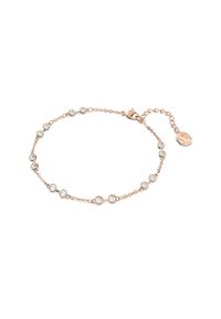 Delicada pulsera de oro rosa con cristales brillantes espaciados uniformemente a lo largo de la cadena, con un pequeño colgante en el cierre.