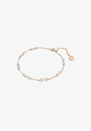Bracelet délicat en or rose avec des cristaux scintillants espacés uniformément le long de la chaîne, et un petit charme au niveau du fermoir.