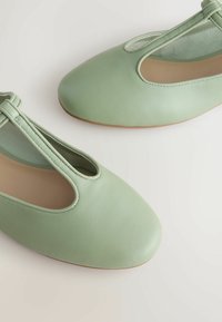 Paar hellgrüne flache Lederschuhe mit T-Riemen und abgerundeten Zehen auf weißer Oberfläche.