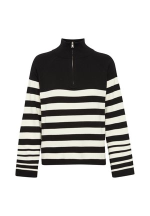 Melnbalts svītrots pulovers ar augstu apkakli un puszipsi. Iezīmes garas piedurknes un dažādu platumu svītras apakšā.