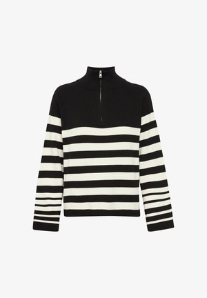 Melnbalts svītrots pulovers ar augstu apkakli un puszipsi. Iezīmes garas piedurknes un dažādu platumu svītras apakšā.