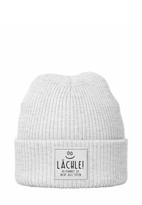 Gray knit beanie with ribbed texture, featuring a white rectangular patch with the text "LÄCHLE!" and a smiley face.