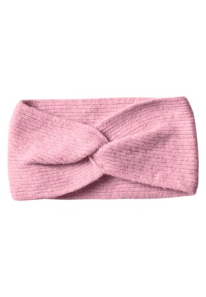 Bandeau tricoté rose doux avec un nœud torsadé au centre, posé à plat sur un fond blanc.