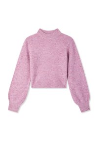 Maglione rosa a maglia con lunghe maniche a palloncino, collo alto, orlo corto e decorazioni in paillettes argentate sparse.