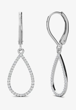 Silberne Tropfenohrringe mit polierter Oberfläche, umgeben von kleinen funkelnden Edelsteinen, mit einem Klappverschluss für sicheren Halt.