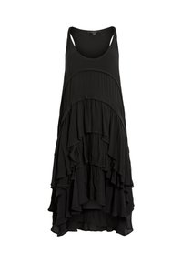Vestido negro sin mangas con diseño de volantes en capas, tela texturizada y escote redondeado. El dobladillo es más largo en la parte posterior.