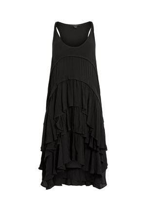 Vestido negro sin mangas con diseño de volantes en capas, tela texturizada y escote redondeado. El dobladillo es más largo en la parte posterior.